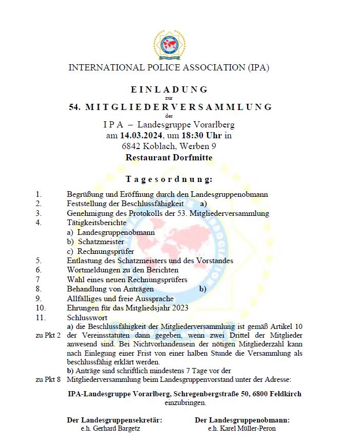 Einladung zur Mitgliederversammlung der LG Vorarlberg